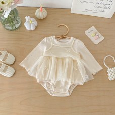 Dotted Spring New Baby Girl Butterfly Knot False Two-Piece Romper Knitted Triangle Crawling Suit