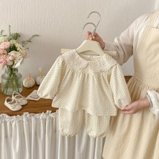 Cute Spring New Baby Polka Dot Knit Home Wear Set for Girls, Stylish Turn-Down Collar Two-Piece Loungewear