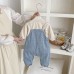 Cute Spring New Baby Denim Overalls Set with Stylish Casual Hoodie and One-Piece Pants Two-Piece Set