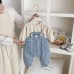 Cute Spring New Baby Denim Overalls Set with Stylish Casual Hoodie and One-Piece Pants Two-Piece Set