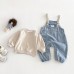 Cute Spring New Baby Denim Overalls Set with Stylish Casual Hoodie and One-Piece Pants Two-Piece Set