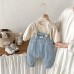 Cute Spring New Baby Denim Overalls Set with Stylish Casual Hoodie and One-Piece Pants Two-Piece Set