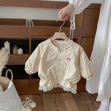 Cute Floral Trim Coat for GirlsChildren's Clothing, Sweet and Stylish, Mesh Panel Design, Kids Trench Coat