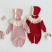 Cute Baby Girl Knit Romper with Turn-down Collar and Pom-pom Detail, Autumn New Style Infant Onesie