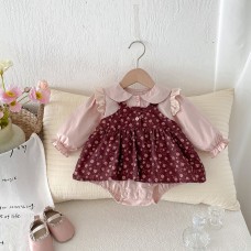 Dotted Baby Spring Clothing Newborn Outfit Girl Baby Stylish Floral Romper Pure Cotton Turn-down Collar Faux Two-piece Spring Autumn