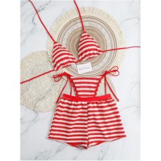 Stripe Knitted Separated Bikini Set with Briefs Three-Piece Swimwear