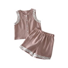Cute Summer Outfit for Girls, Floral Trim Sleeveless Top and Shorts Set Children's Clothing