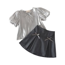 Girls' French Elegant Summer Outfit Set, Bubble Sleeve Top with Bowknot A-Line Skirt Two-Piece Set