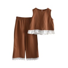 Cute Girls' Two-Piece Set with Lace Trim Hem, Sleeveless Top and Long Pants, Fashion Casual Outfit