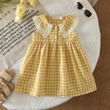 Baby Girls Summer Dress Yellow Checkered Lace Collar Sleeveless  Sweet Tank Dress