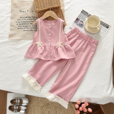 Girls' Lace Bow Set Summer Fashionable Children's Clothing Baby Sweet Sleeveless Two-Piece Set