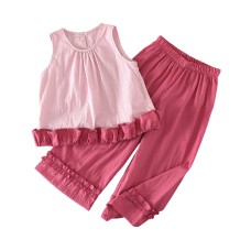 Cute Girls' Summer Outfit Set, Sleeveless Doll Top with Straight Leg Pants, Two-Piece Clothing for Kids