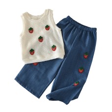 Cute Girls Summer Outfit Set Strawberry Knit Top Faux Denim Pants Two-Piece Set Children's Clothing
