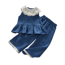 Cute Flower Trim Sleeveless Baby Shirt and Long Pants Two-Piece Set for Girls Summer Outfit