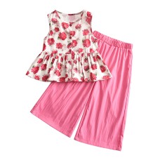 Cute Girls' Floral Two-Piece Set Summer Outfit Casual Beachwear for Kids Stylish Sleeveless Top and Pants Set