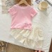Girls' Summer Set  Ruffled Bow Short Sleeve T-Shirt and Charming Lace Floral Skirt Pants Two-Piece Set