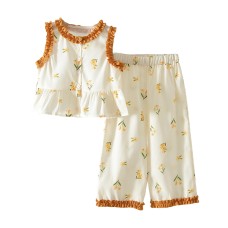 Cute Girls Summer Outfit Set, Floral Print Sleeveless Top with Lace Trim Long Pants, Two-Piece Children's Clothing