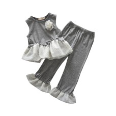 Cute Girls' Two-Piece Set Summer Sleeveless 3D Flower Sweet Top with Polka Dot Lace Pants