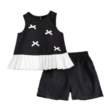 Cute Two-Piece Set for Girls Summer Outfit with Bow and Lace Trimmed Tank Top and Shorts Set