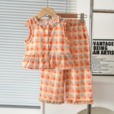 Girls' lace contrast plaid set, sleeveless top with wide-leg pants, stylish summer two-piece outfit trend