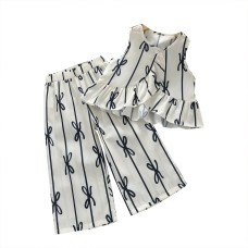 Girls' Bow Print Outfit Set, Sleeveless Top and Wide-Leg Pants Two-Piece Set for Kids Summer Casual Wear