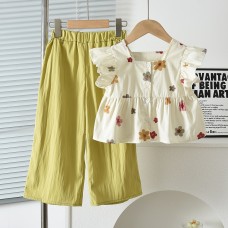 Girls' Summer Casual Two-Piece Set with Small Flutter Sleeve Checkered Vest and Solid Color Wide-Leg Pants