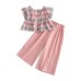 Girls' Summer Casual Two-Piece Set with Small Flutter Sleeve Checkered Vest and Solid Color Wide-Leg Pants