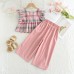 Girls' Summer Casual Two-Piece Set with Small Flutter Sleeve Checkered Vest and Solid Color Wide-Leg Pants
