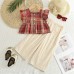 Girls' Summer Casual Two-Piece Set with Small Flutter Sleeve Checkered Vest and Solid Color Wide-Leg Pants