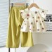 Girls' Summer Casual Two-Piece Set with Small Flutter Sleeve Checkered Vest and Solid Color Wide-Leg Pants