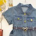 Summer Girls' Denim Dress Short Sleeve Fitted Bow Embroidery Children's Dress
