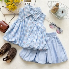 Cute Girls' Checkered Outfit Set, Sleeveless Blouse with Bubble Shorts, Stylish Two-Piece Set for Kids