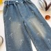Girls' Denim Pants Summer New Butterfly Embroidery Wide Leg Pants Children's Versatile Casual Long Pants 