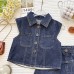 Summer Girls' Denim Set, Vintage Turn-Down Collar Denim Vest and Shorts Fashion Two-Piece Set