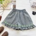Summer Girls' Outfit Set with Bow Backless Denim Vest and Ruffled Shorts Two-Piece Set