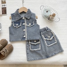 Casual Vintage Style Girls' Two-Piece Set with Collared Denim Vest and Short Skirt
