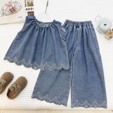 Casual Two-Piece Set for Girls: Denim Vest Top with Lace Flowers and Wide-Leg Pants
