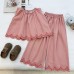 Casual Two-Piece Set for Girls: Denim Vest Top with Lace Flowers and Wide-Leg Pants