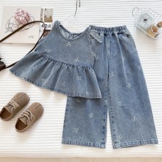 Cute Girl's Denim Set Summer  New Embroidered Bow Denim Vest Wide Leg Pants Two-Piece Trendy Style