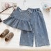 Cute Girl's Denim Set Summer  New Embroidered Bow Denim Vest Wide Leg Pants Two-Piece Trendy Style