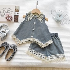 Fashionable Lace Collar Denim Vest Top with Ruffle Shorts Set for GirlsCasual Two-Piece Outfit