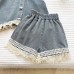 Fashionable Lace Collar Denim Vest Top with Ruffle Shorts Set for GirlsCasual Two-Piece Outfit
