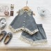 Fashionable Lace Collar Denim Vest Top with Ruffle Shorts Set for GirlsCasual Two-Piece Outfit