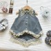 Fashionable Lace Collar Denim Vest Top with Ruffle Shorts Set for GirlsCasual Two-Piece Outfit