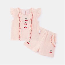 Cute Lace Baby Girl Summer Set with Cherry Embroidery, Short Sleeve, Cotton Two-Piece Outfit