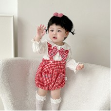 Cute Kids Plaid Romper Set Spring and Autumn New Style Triangle One-Piece 2-Piece Overalls Baby Bodysuit