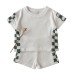 Green color blocked checkered short sleeved two-piece set