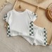 Green color blocked checkered short sleeved two-piece set