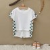 Green color blocked checkered short sleeved two-piece set