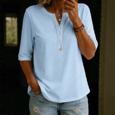Classic Henley Neck Style Spring Summer New Women's Solid Color Button-Up Top
